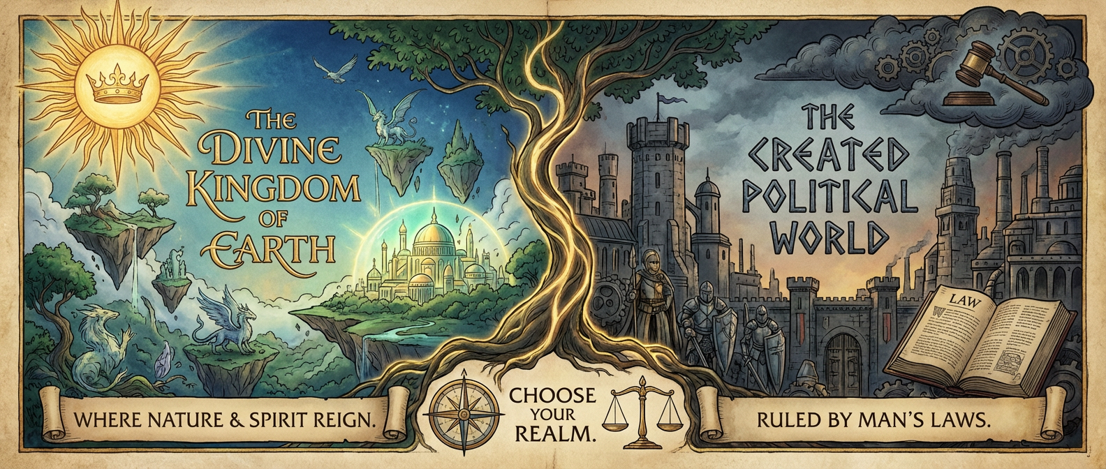 The realm of the Divine Kingdom vs corperate fiction world